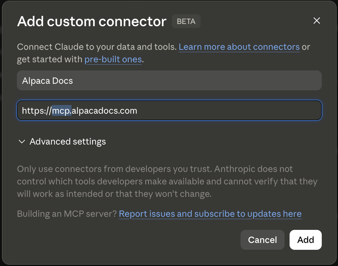 Claude's Add custom connector dialog with Name and URL fields filled in.