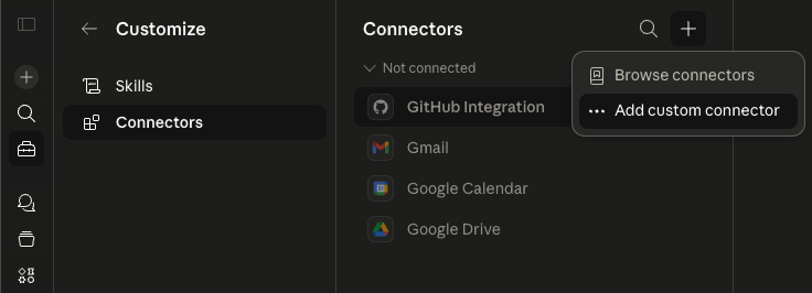 Claude sidebar showing the Connectors page with the + button highlighted.